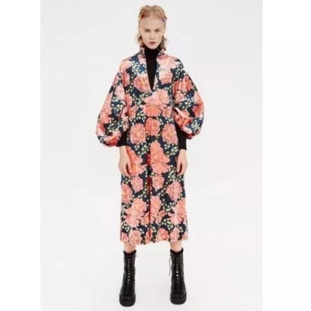 ZARA TRAFALUC Peach Floral Velvet Kaftan Puff Long Sleeve Midi Bohemian Dress S